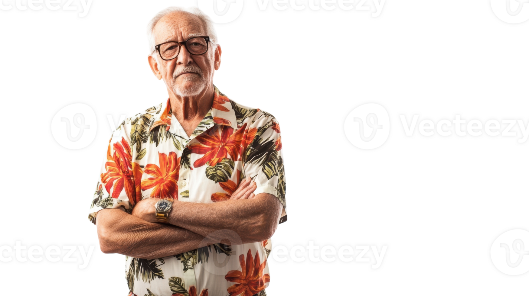 A Charming Elderly Man Dressed in a Vibrant Tropical Hawaiian Shirt Perfect for Beach-Themed Events, Summer Gatherings, and Casual Photography Sessions. png