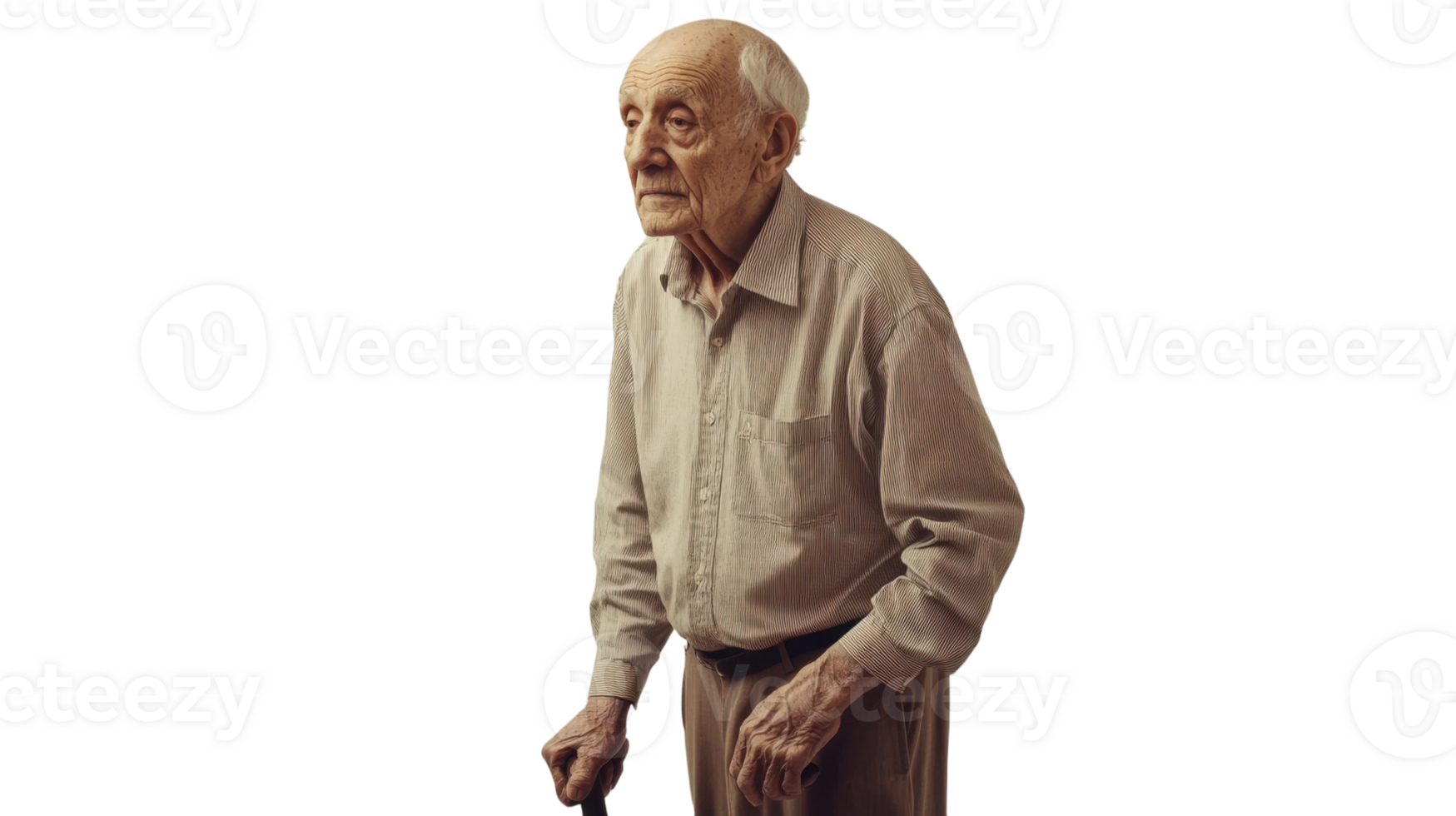 An Old Man with a Cane Wearing a Simple Button-Up Shirt, Ideal for Depicting Wisdom and Resilience in Various Contexts. png