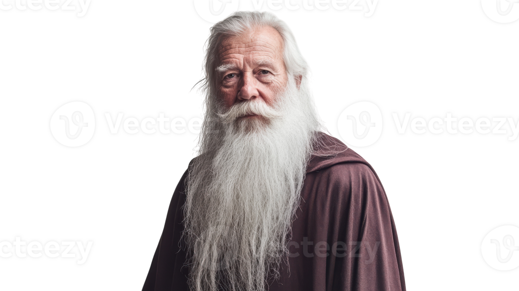 An old man with a long white beard wearing a traditional outfit sitting in a serene environment, perfect for themes of wisdom and tranquility.. png