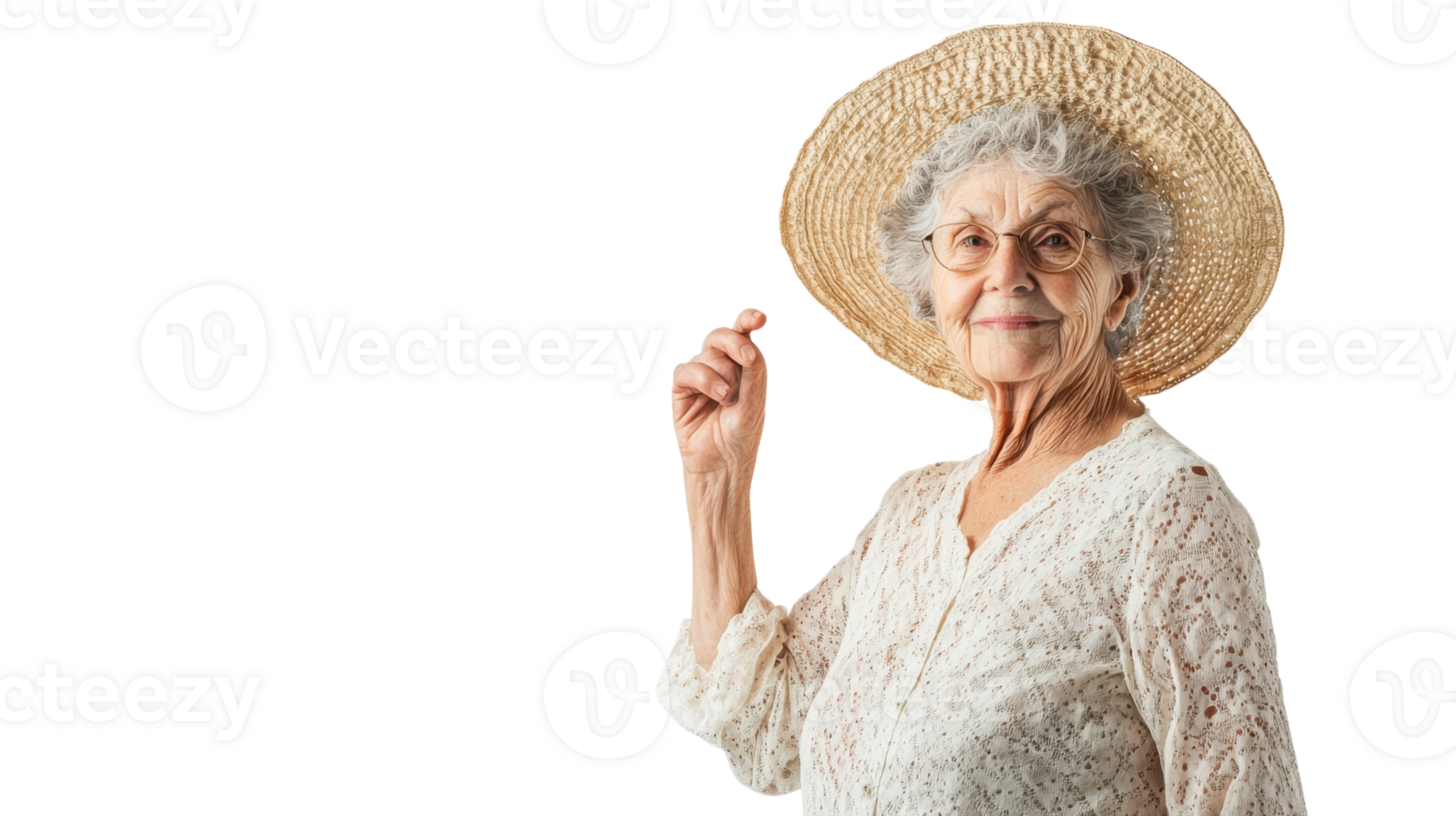 An Enchanting Image of an Old Woman in a Stylish Beach Outfit Joyfully Holding a Sun Prop, Perfect for Summer-Themed Designs and Advertisements. png