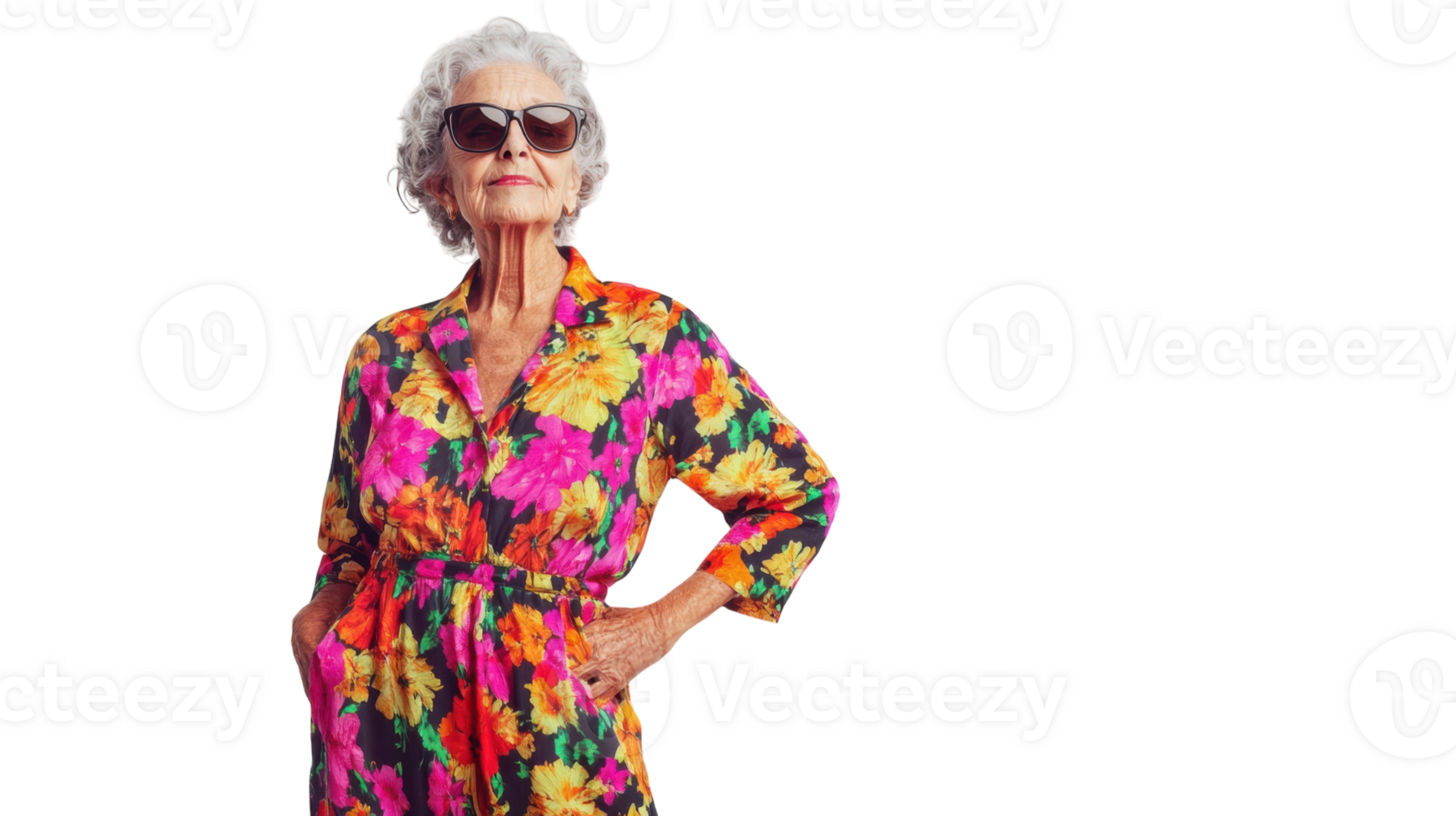 Vibrant Floral Jumpsuit Worn by an Elderly Woman, Perfect for Fashion and Lifestyle Imagery, Showcasing Trends in Age-Appropriate Attire and Colorful Styling. png