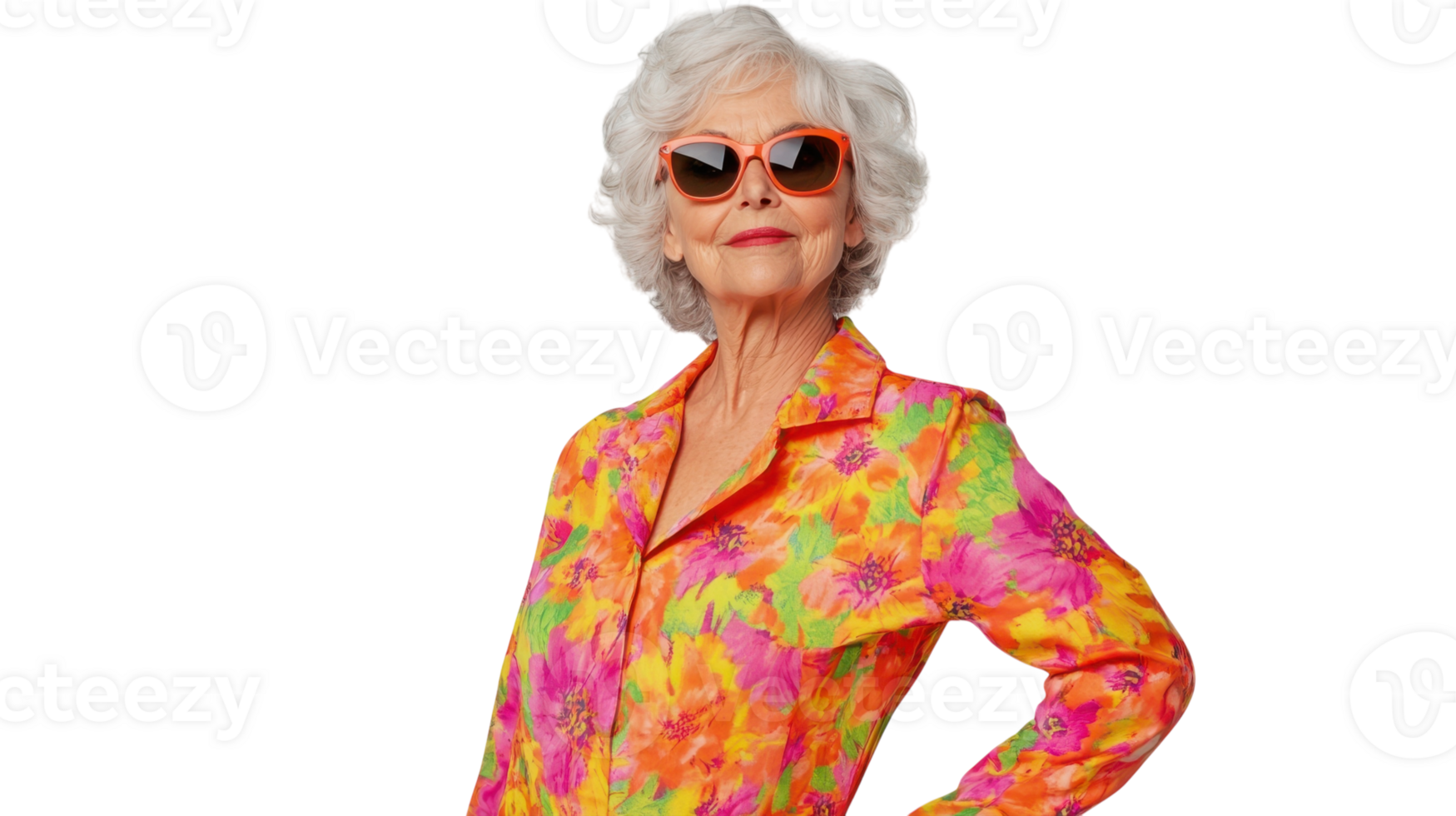 A Vibrant Floral Jumpsuit Worn by an Elderly Woman Perfect for Fashion and Lifestyle Blogging or Theme-Based Events. png