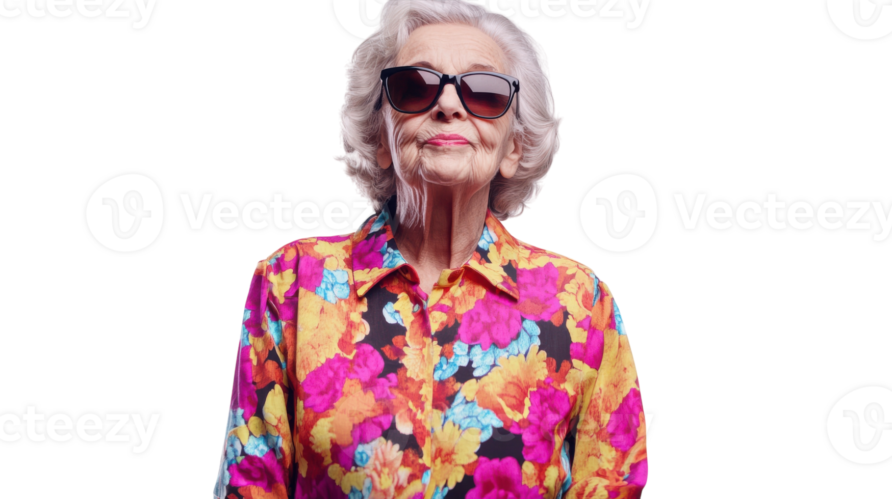 An elderly woman confidently showcasing her vibrant floral jumpsuit, perfect for summer outings, family gatherings, or fashion events, highlighting comfort and style in every detail.. png
