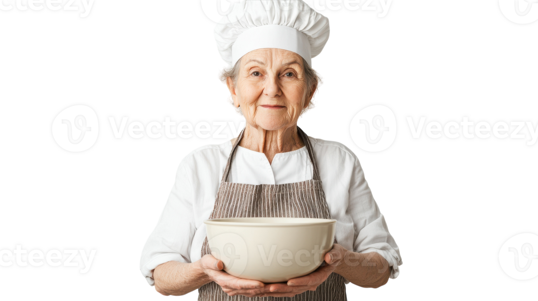 An elderly woman in a chef's hat and apron joyfully preparing a delicious meal in a cozy kitchen setting, perfect for culinary blogs or family recipes promotion.. png