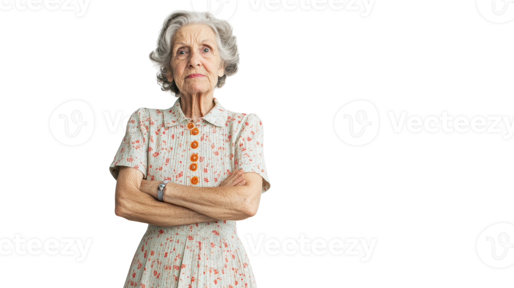 An old woman in a classic housewife dress standing in a vintage kitchen, ideal for depicting nostalgia and traditional homemaking roles, capturing the essence of domestic life.. png