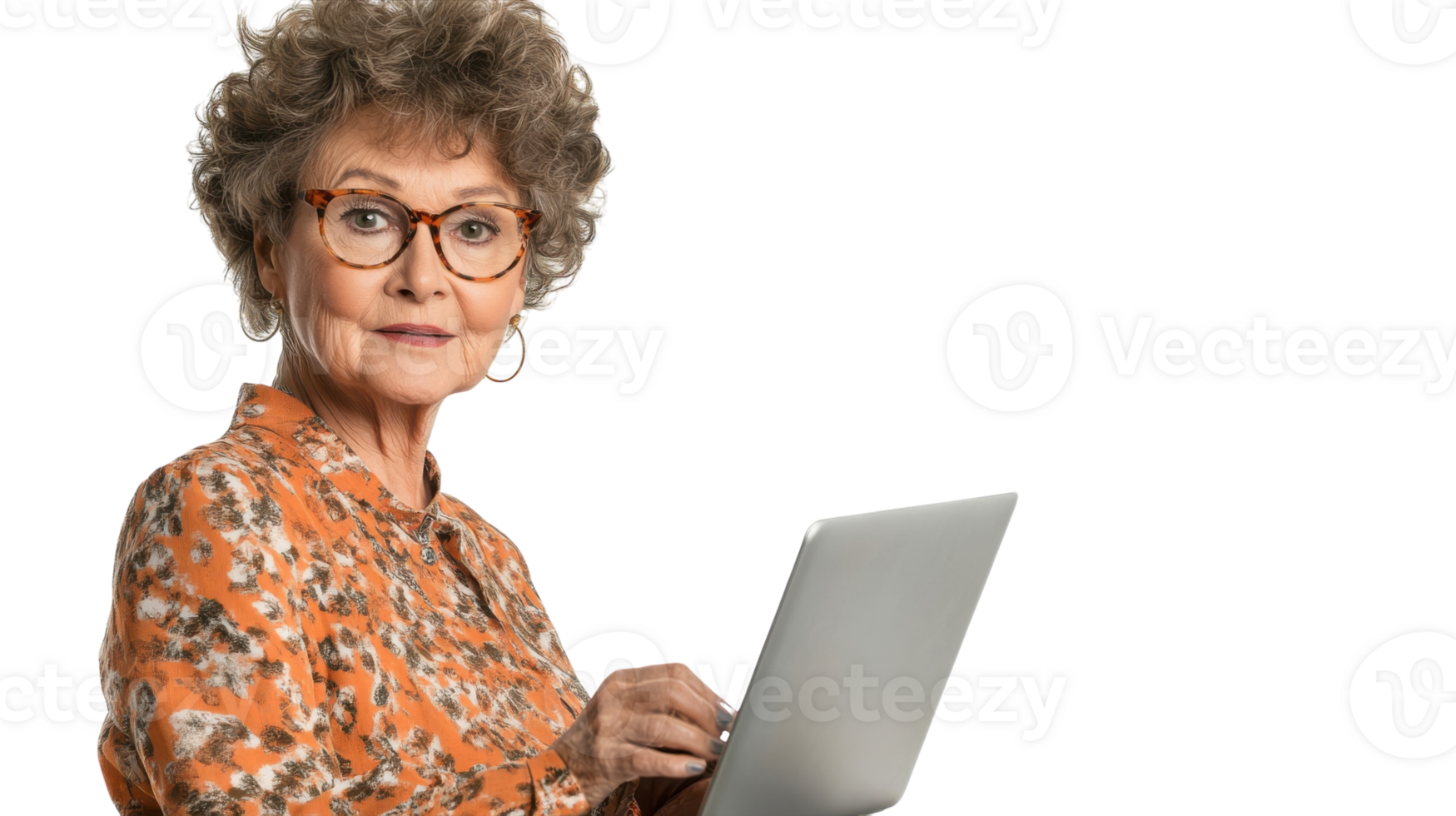 A Thoughtful Old Woman Dressed in Business Casual Attire, Perfect for Illustrating Generational Workplace Trends and Comfort in Professional Settings. png
