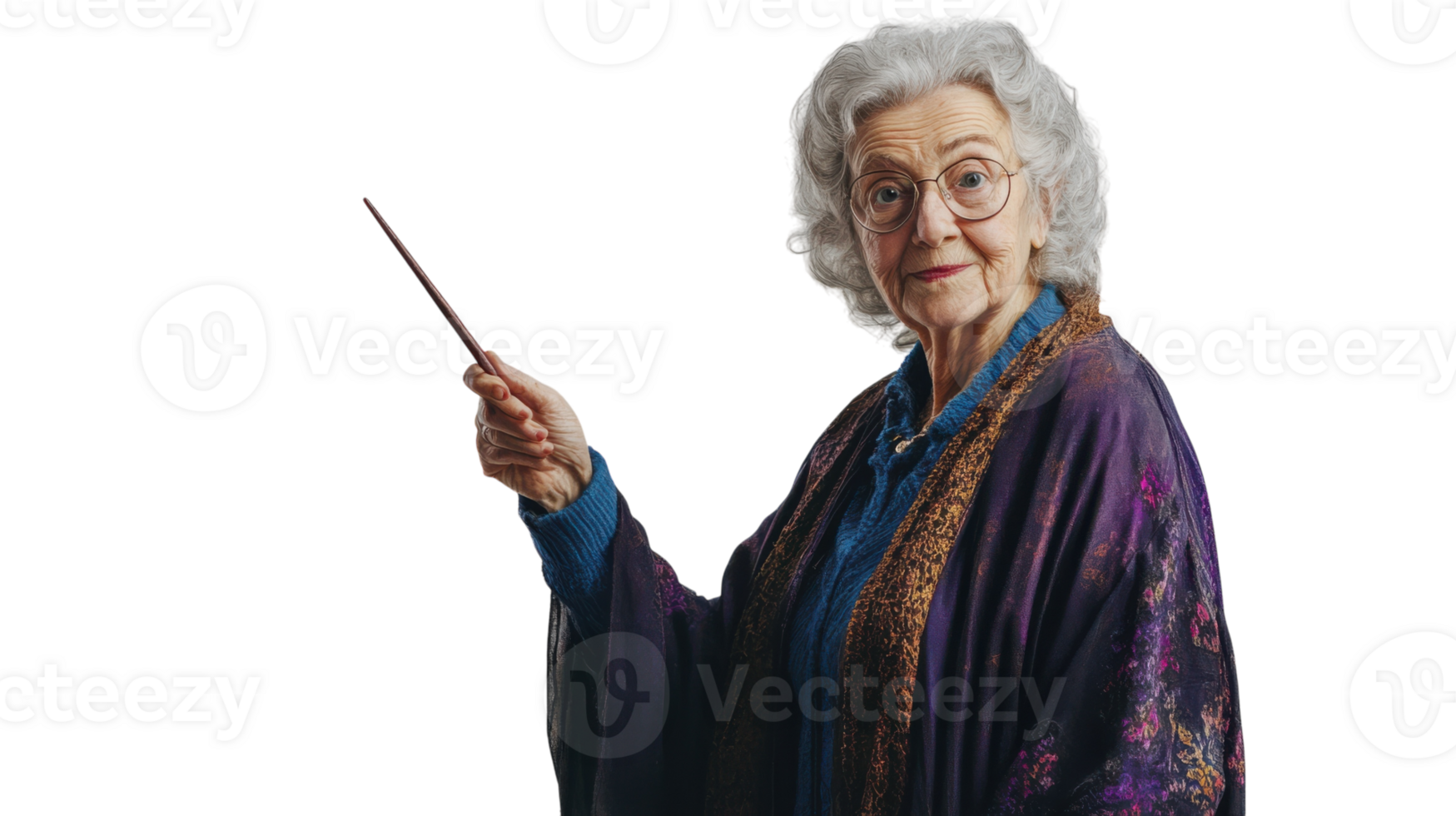 An Enchanting Image of an Old Woman in a Magician's Robe Holding a Wand, Perfect for Captivating Visual Storytelling in Fantasy Themes. png
