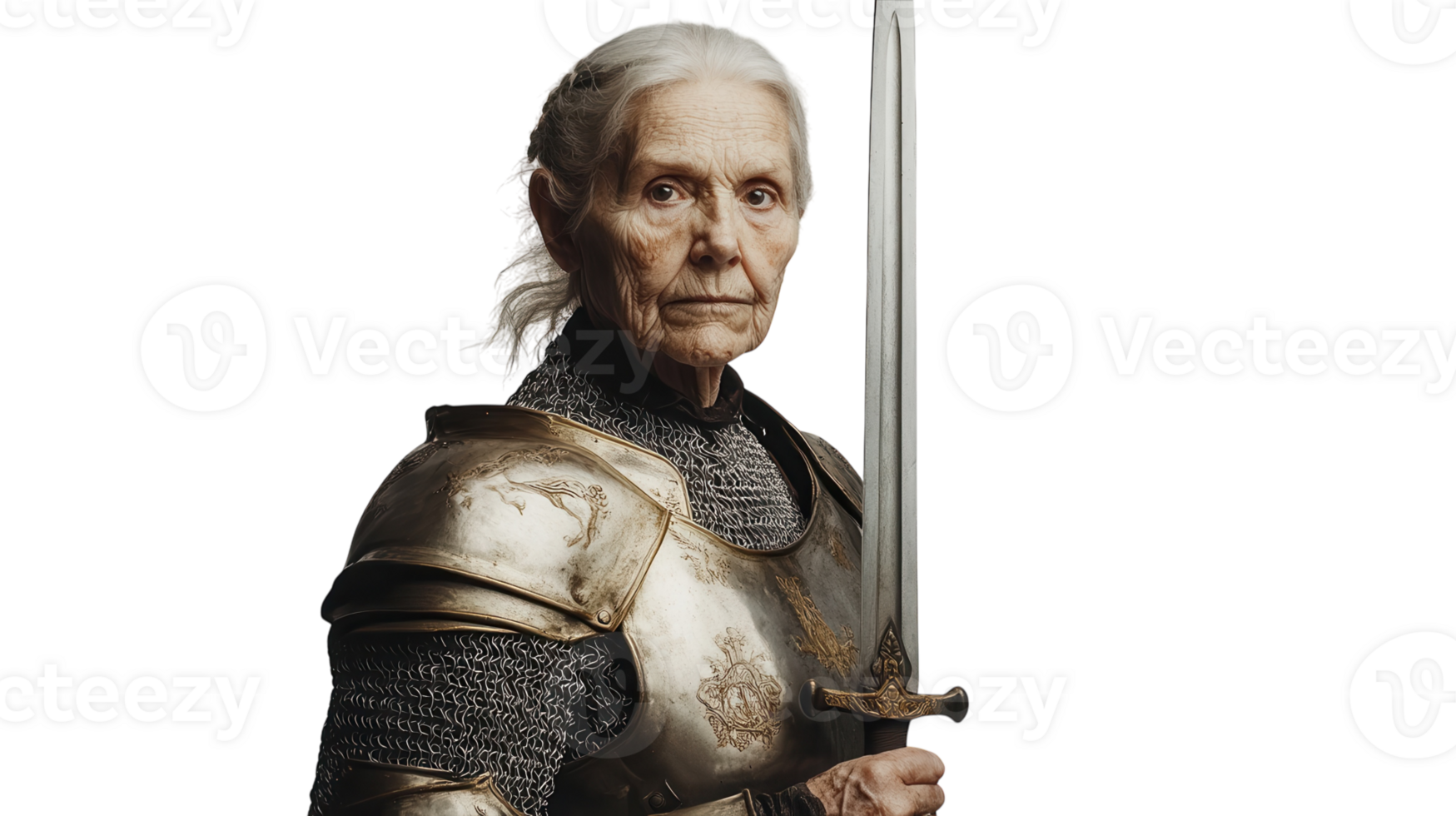An Old Woman Dressed in Medieval Knight's Armor, Perfect for Illustrating Strength and Resilience in Historical Settings. png
