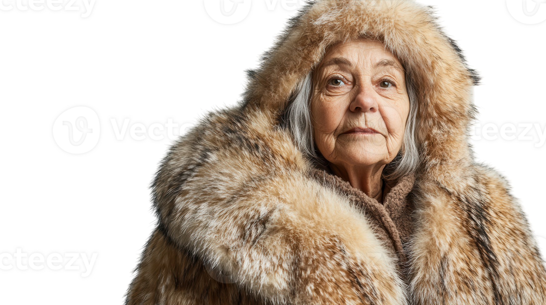 An Old Woman Dressed in a Glamorous Fur Coat Poses Elegantly Against a White Background, Perfect for Fashion and Lifestyle Visuals. png