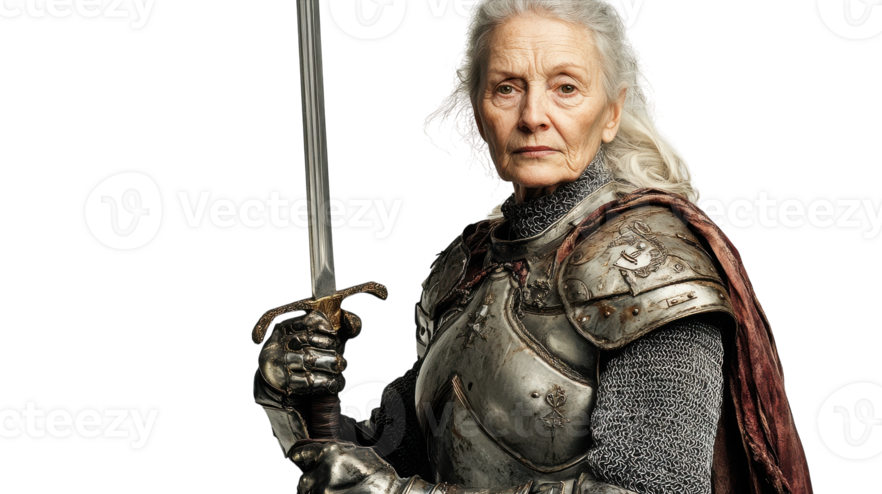 An Old Woman Dressed in Medieval Knights Armor Demonstrates Strength and Resilience, Perfect for Historical Themes or Fantasy Projects. png