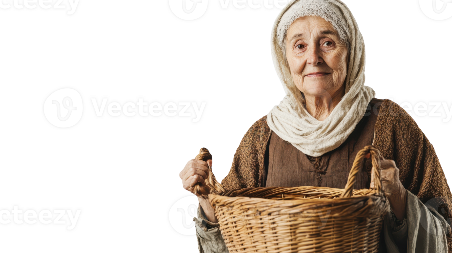 An old woman dressed in a traditional medieval peasant outfit stands proudly, showcasing the historical garment known for its durability and connection to life in the past centuries.. png