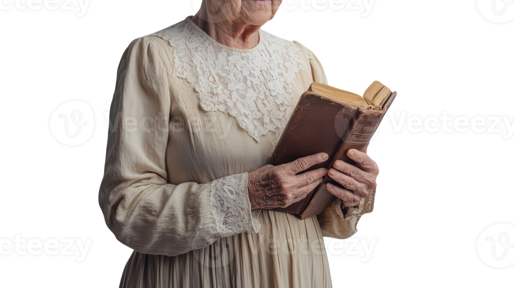 An Old Woman in a Modest Long Sleeved Dress Captured in a Serene Natural Setting, Perfect for Illustrating Themes of Wisdom, Heritage and Timeless Style. png