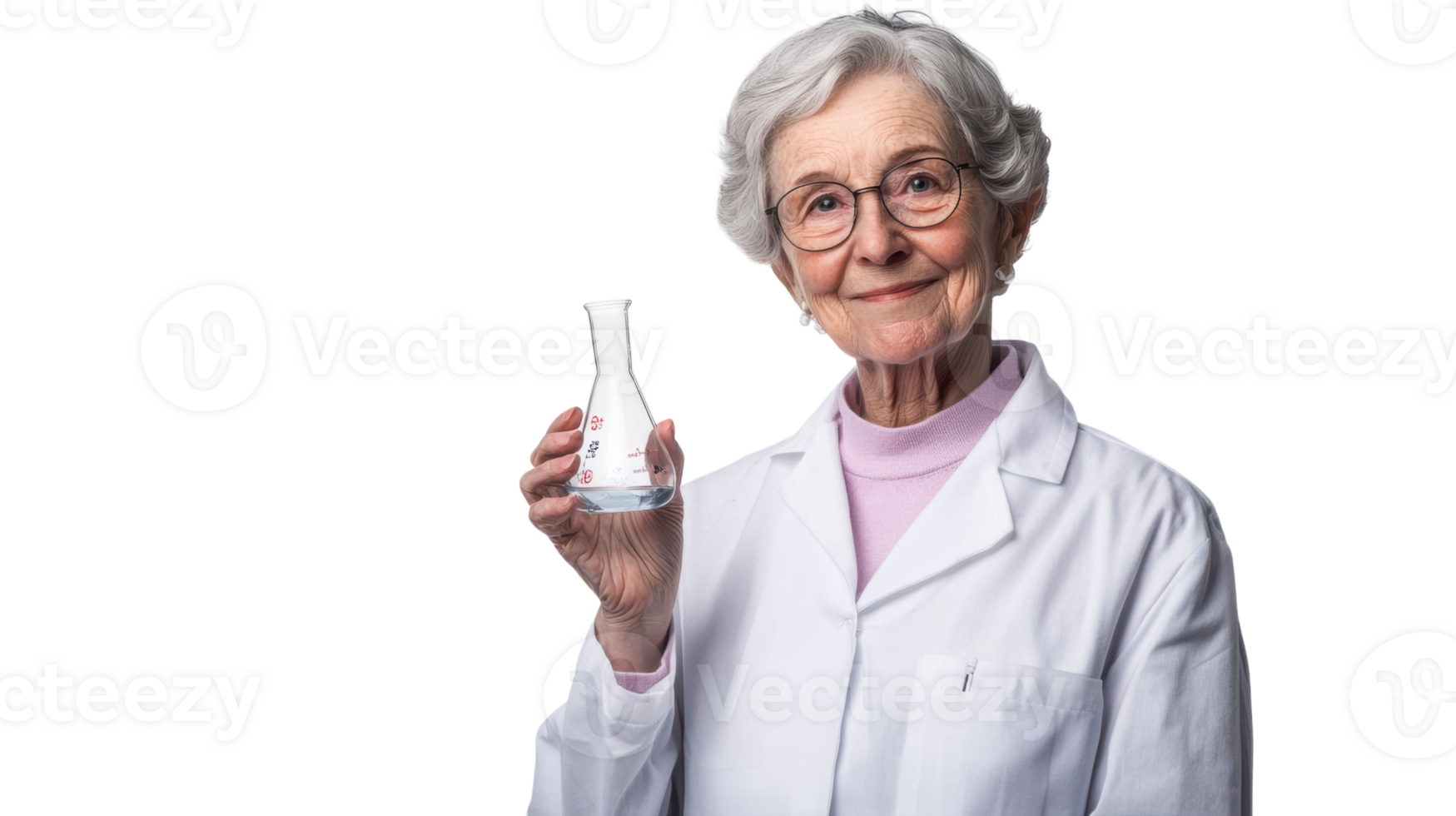 An old woman dressed in a scientist's lab coat, representing wisdom, experience, and dedication to scientific exploration and research in a modern laboratory environment.. png