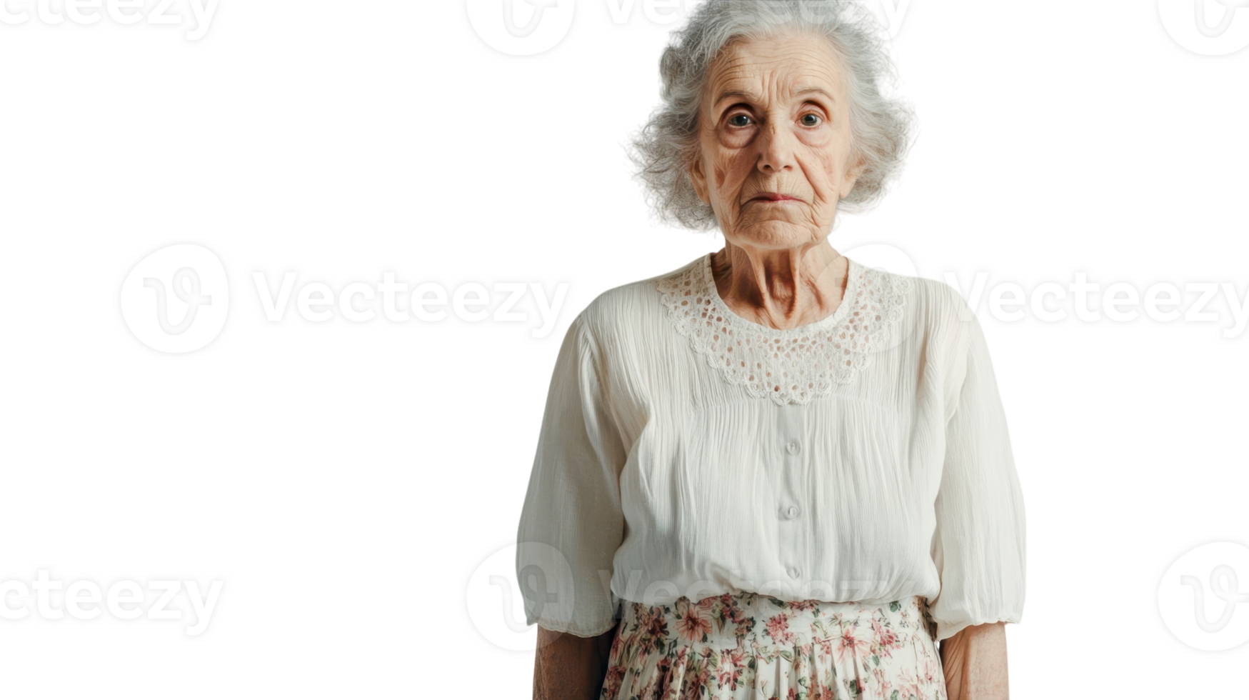 Heartwarming Portrait of an Elderly Woman Wearing a Simple White Blouse Capturing the Essence of Grace and Wisdom Suitable for Various Projects. png