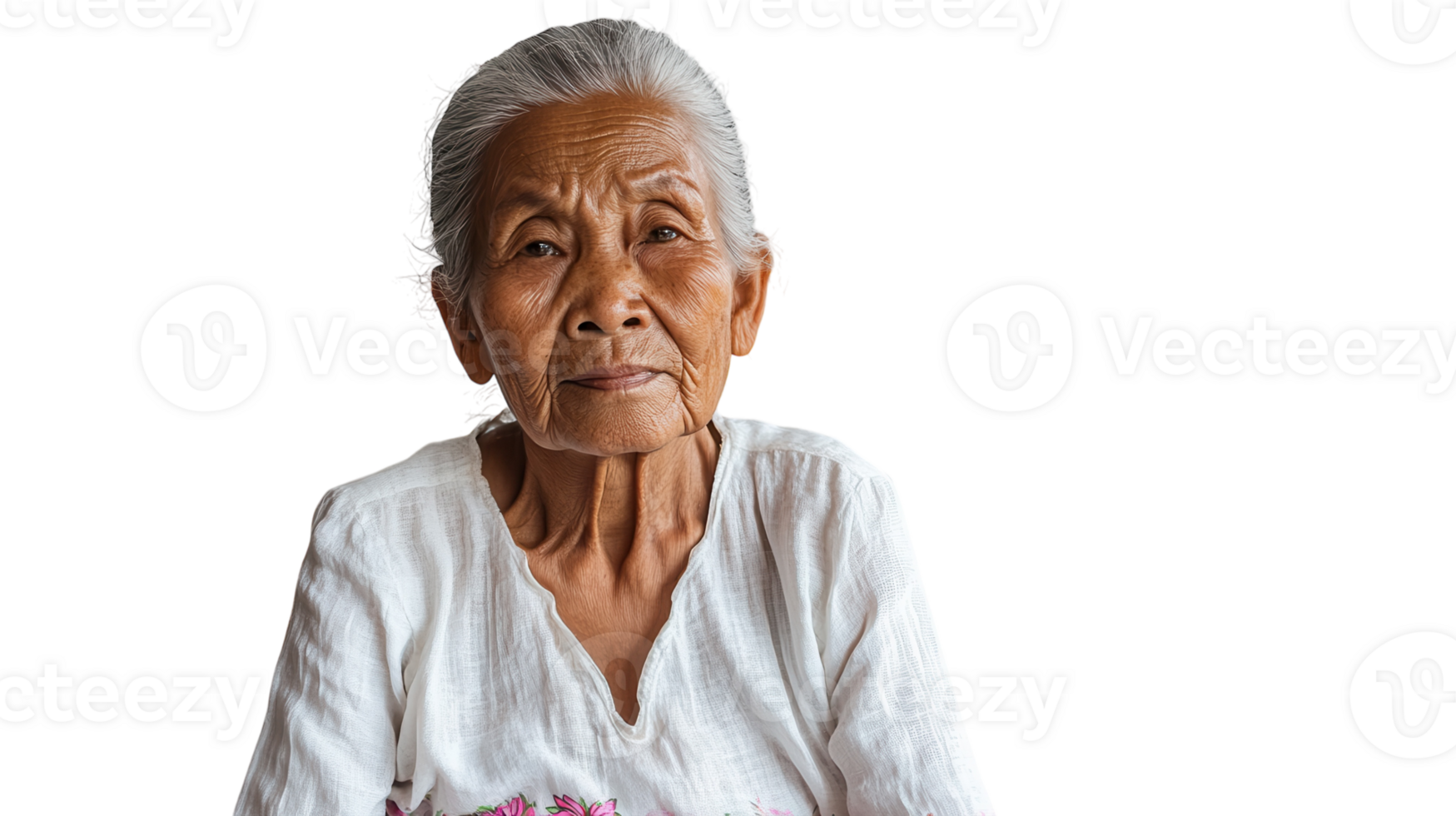 A Thoughtful Elderly Woman in a Simple White Blouse Reflecting Wisdom and Grace, Perfect for Illustrations about Aging and Life Experience. png