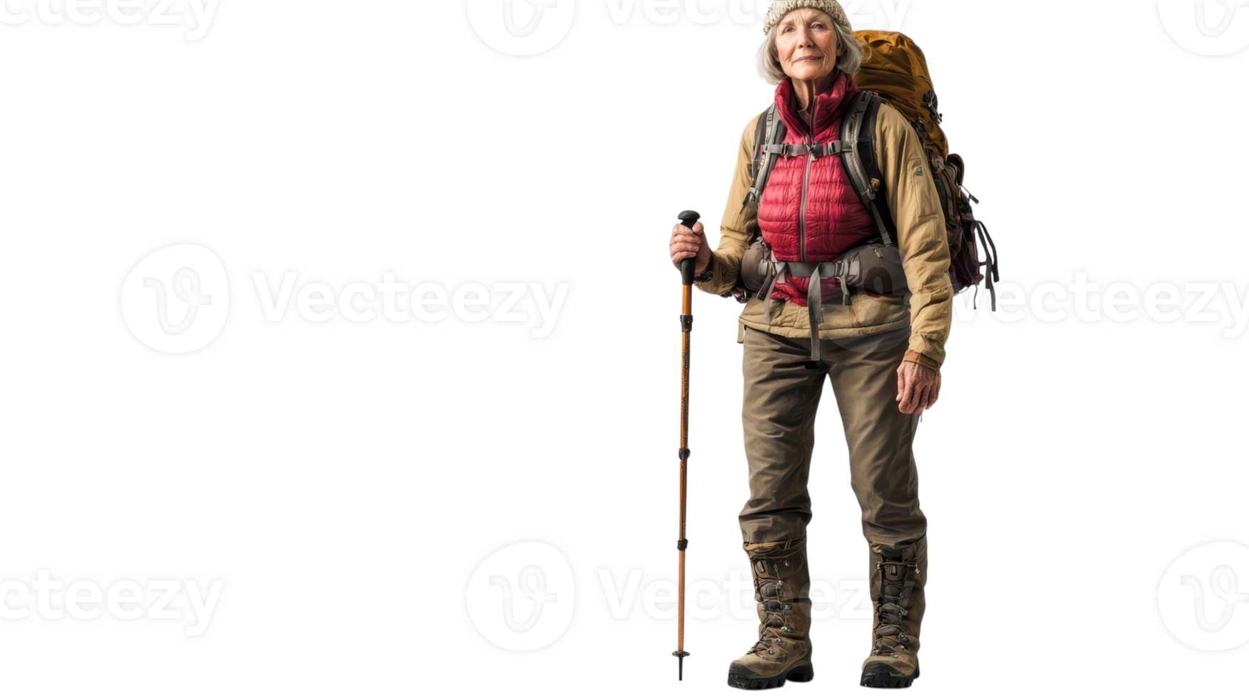 An elderly woman dressed in hiking gear confidently navigates through a scenic trail, showcasing determination and love for nature while using a walking stick to assist her on the journey.. png