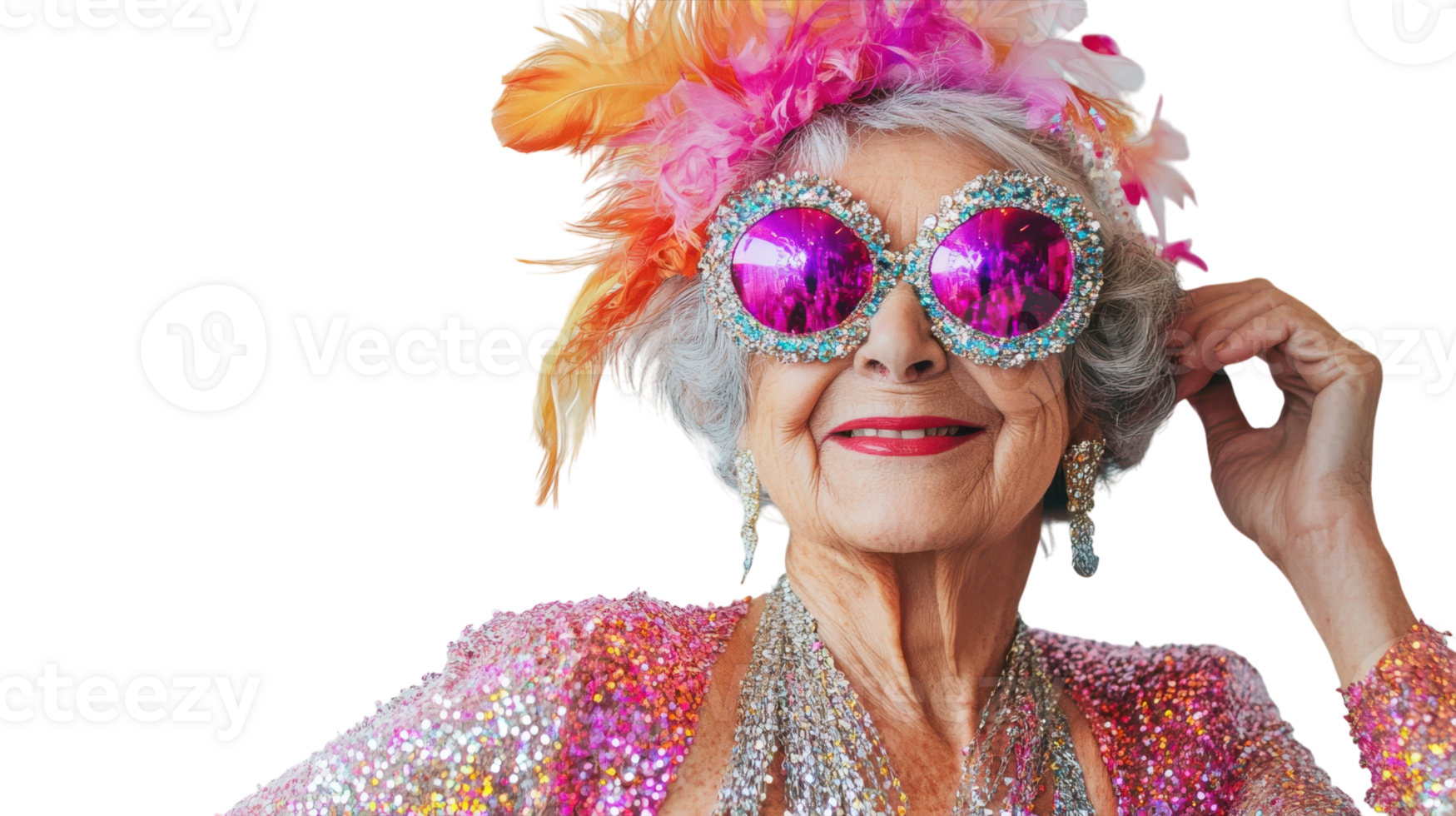 An old woman captured in a vibrant and sparkling showgirl costume, perfect for showcasing diversity in performance art and celebrating life at any age through visual storytelling.. png