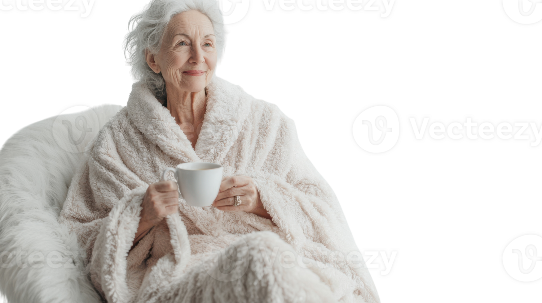 A Cozy and Warm Scene of an Old Woman Dressed in a Fluffy Bathrobe Perfect for Home Comfort Imagery. png
