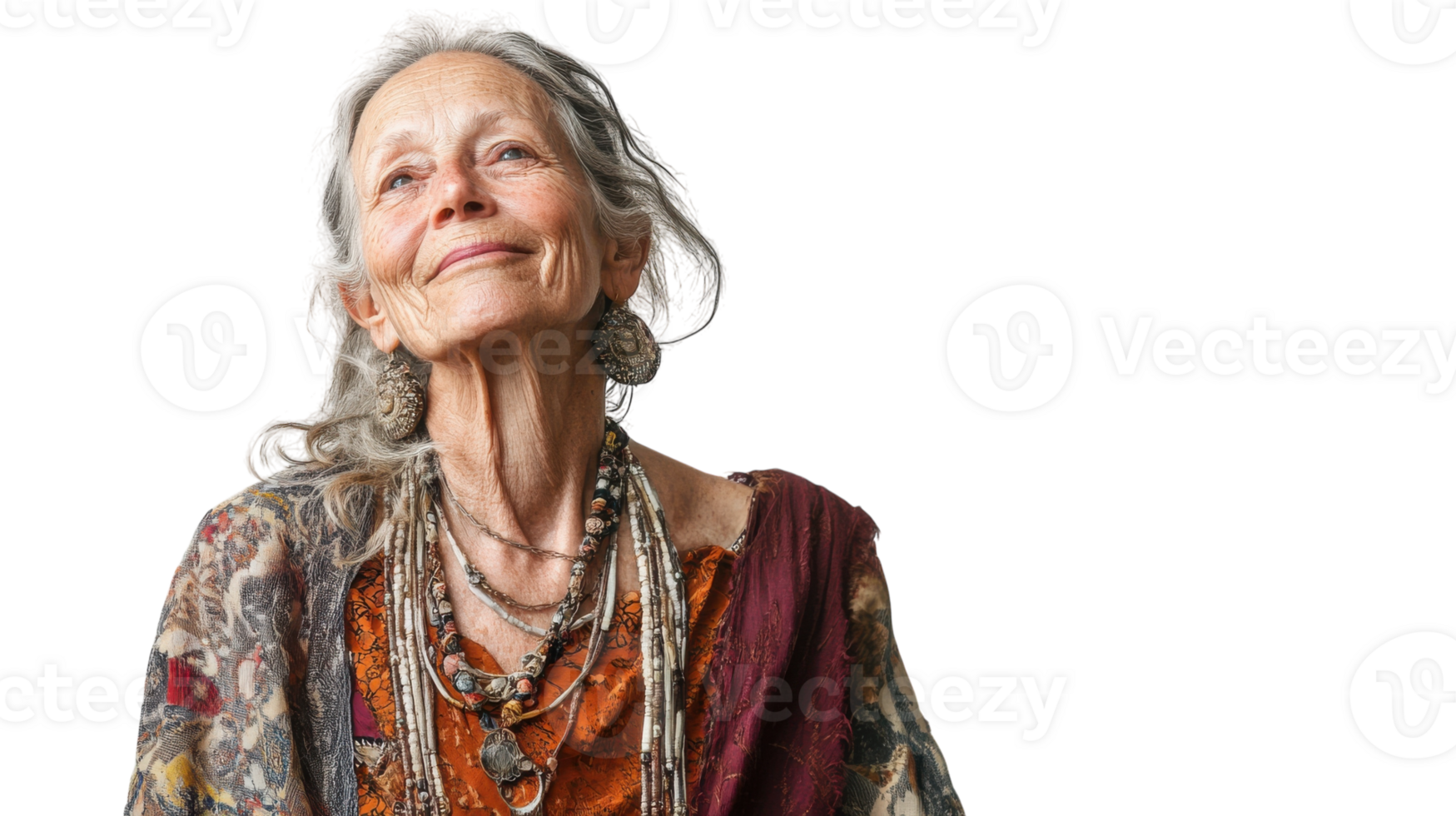 A Captivating Image of an Elegant Elderly Woman Dressed in a Flowing Bohemian Dress Ideal for Fashion and Lifestyle Themes. png