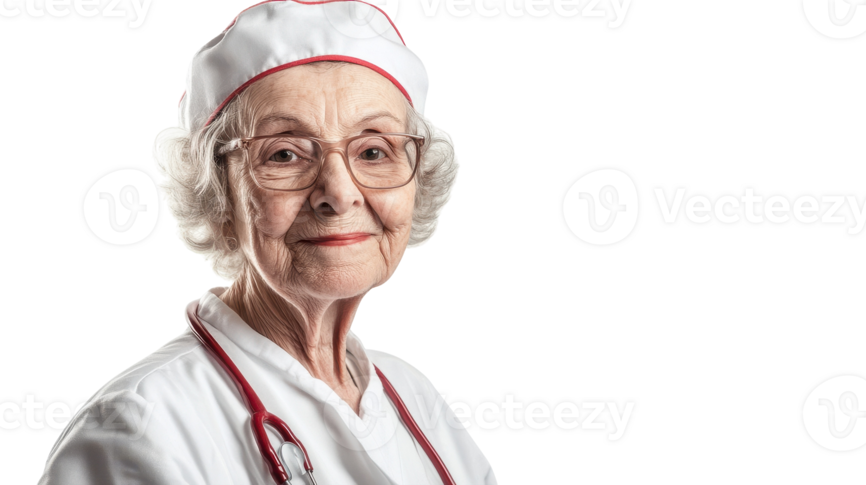 An elderly woman in a vintage nurse's uniform stands confidently, showcasing the evolution of nursing attire throughout the years, ideal for historical health-related presentations or articles.. png