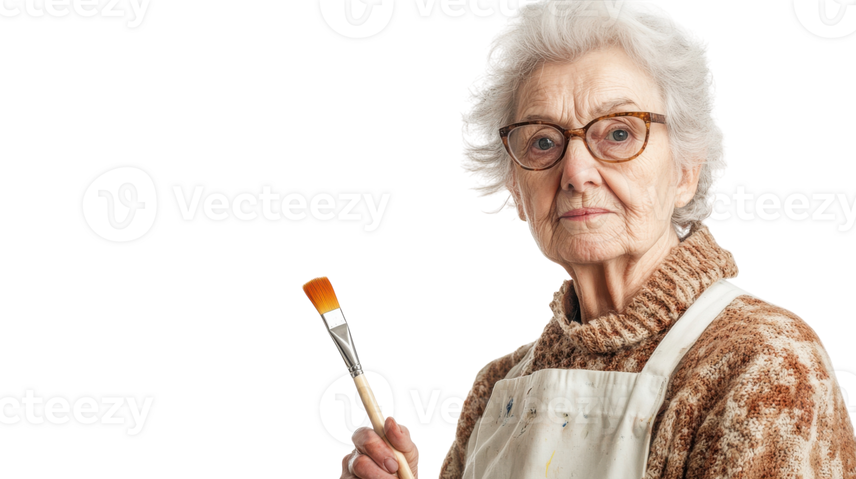 An old woman wearing a painter's smock holding a paintbrush, symbolizing artistic expression and creativity in portraiture. png