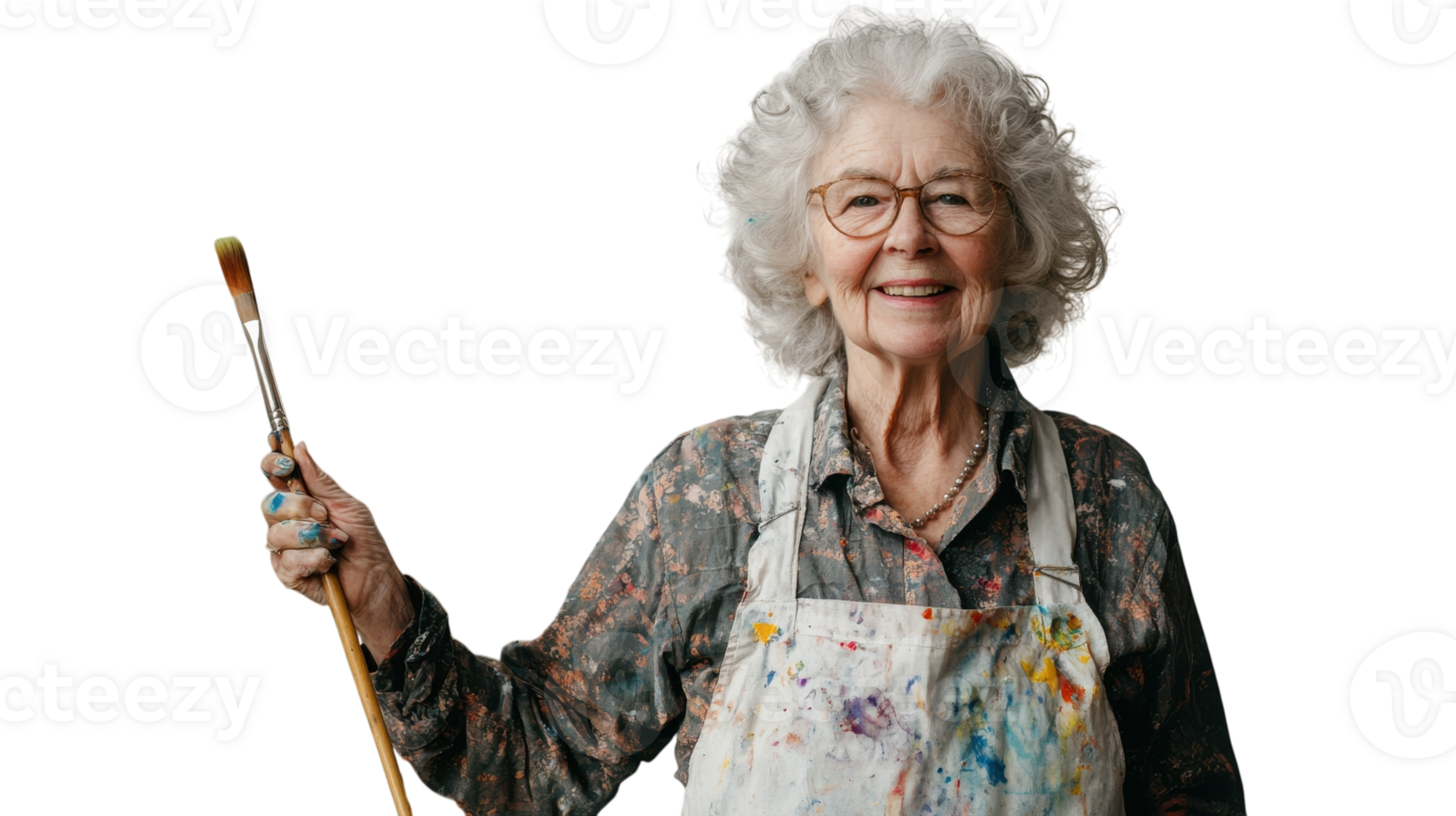 An elderly artist showcasing her creative flair in a painter's smock, portraying her passion for art and creativity that transcends age, ideal for art-related projects and inspiration.. png
