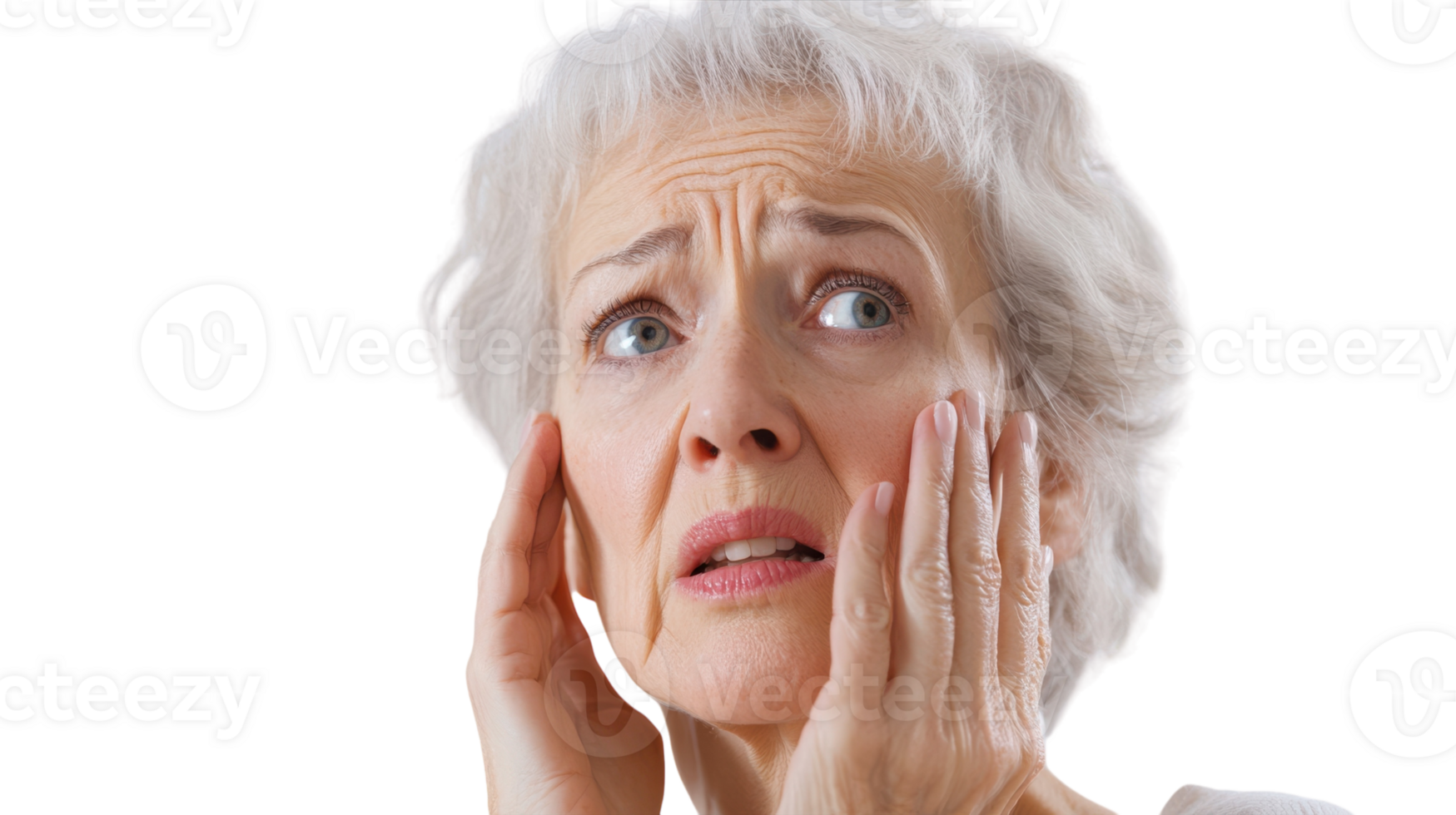 An Older Woman Expressing Concern While Touching Her Chin, Perfect for Emotional and Reflective Themes in Articles or Presentations. png