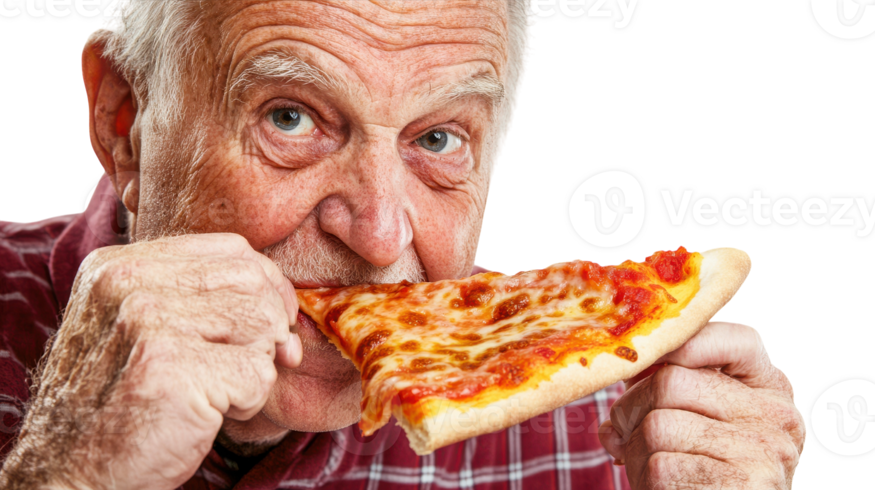 A Joyful Experience of an Older Man Savoring a Delicious Slice of Pizza in a Cozy Setting, Perfect for Culinary Delight Promotions and Food Blogging. png