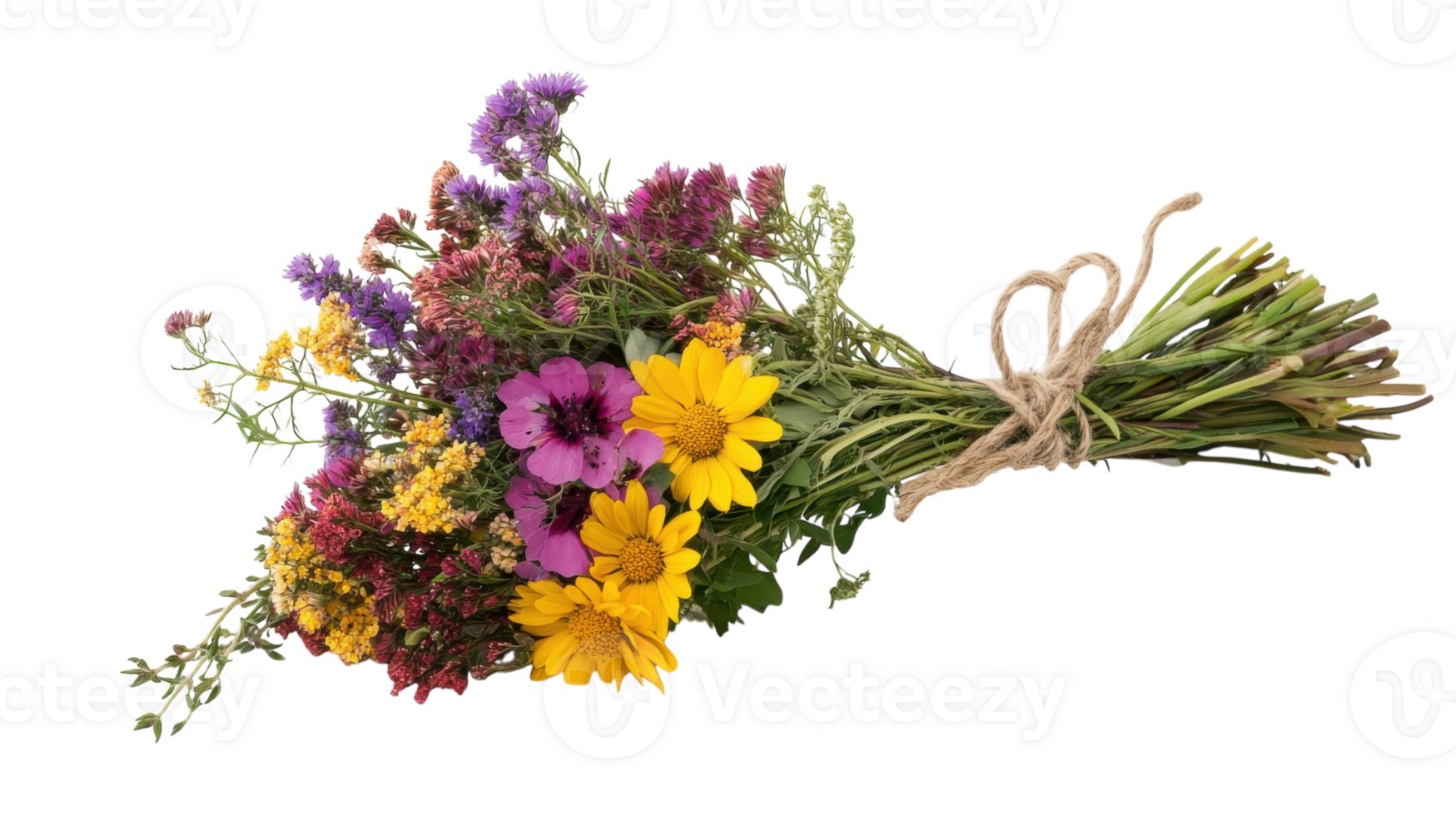 Beautifully arranged bouquet of wildflowers tied with rustic twine, perfect for enhancing any creative project including wedding invites, floral designs, or nature-themed decor.. png