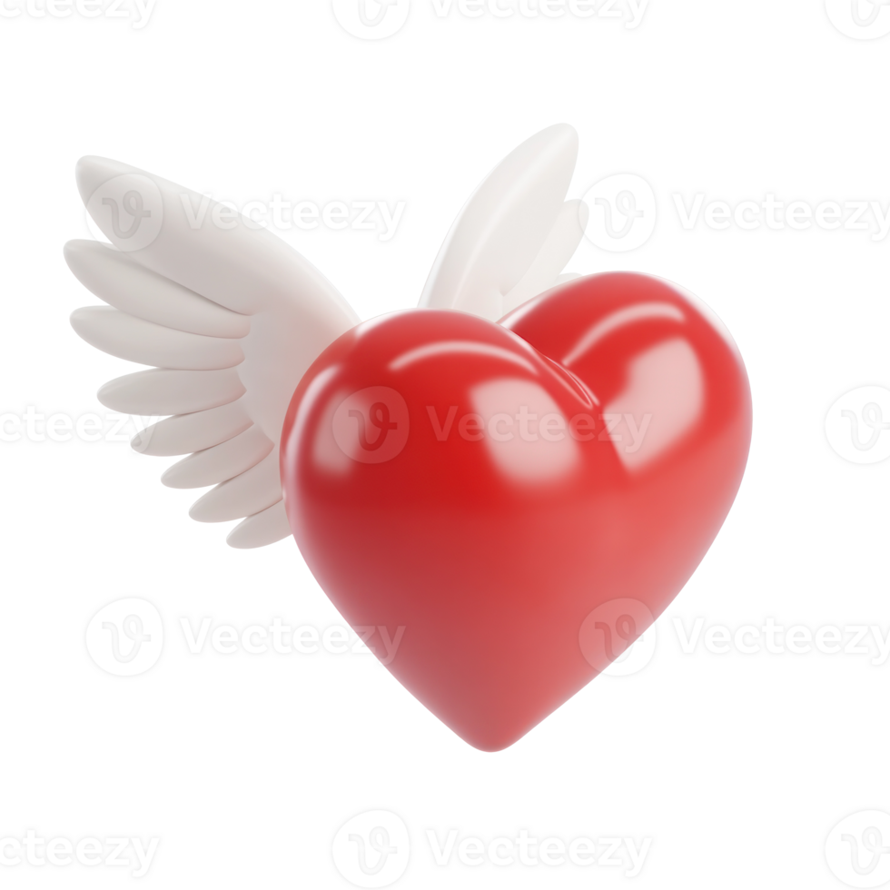 Red heart with white wings flying 3D icon cartoon isolate png