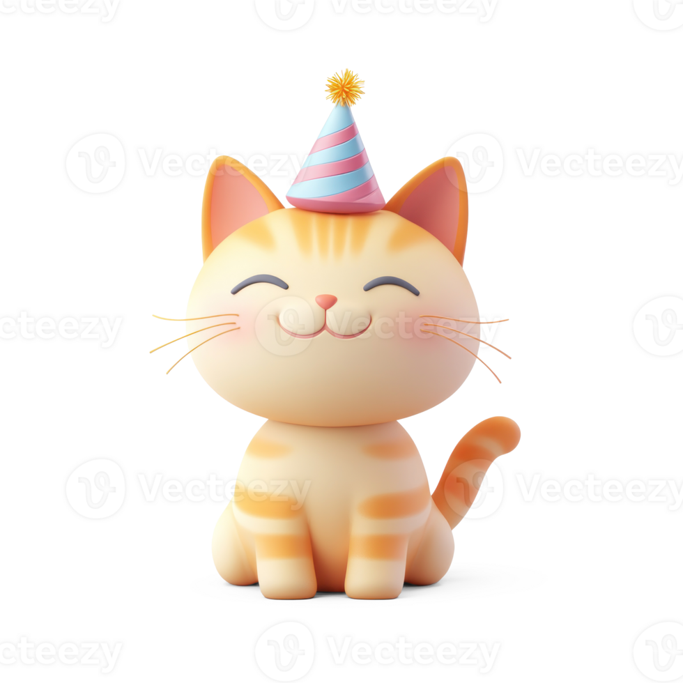Smiling cat wearing birthday hat 3D icon cartoon isolate png