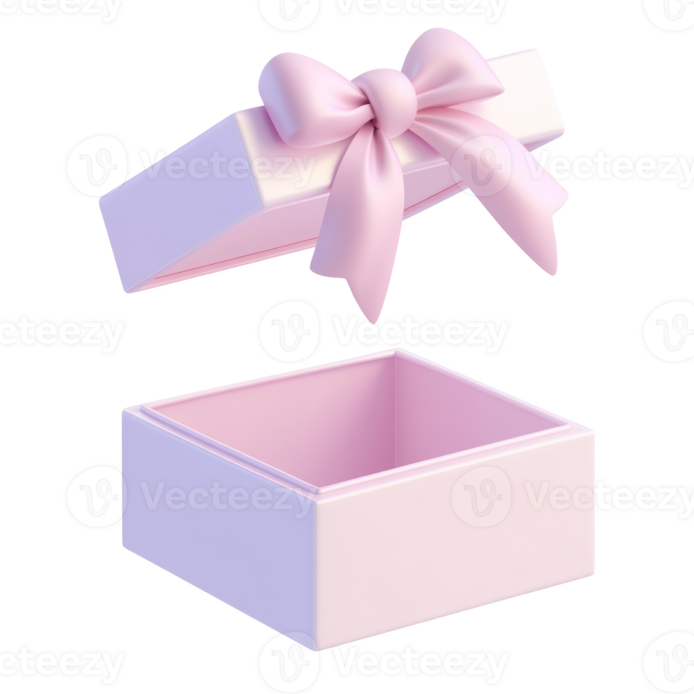 Open square gift box the lid with a bow levitates above 3D icon isolate png