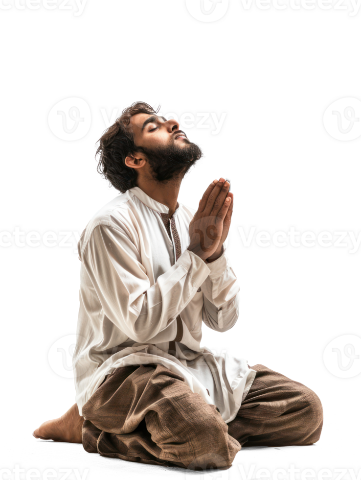 Man muslim brown skin praying on his knees in the ground with hands up to the sky in a 4 view, on a pure transparency background png