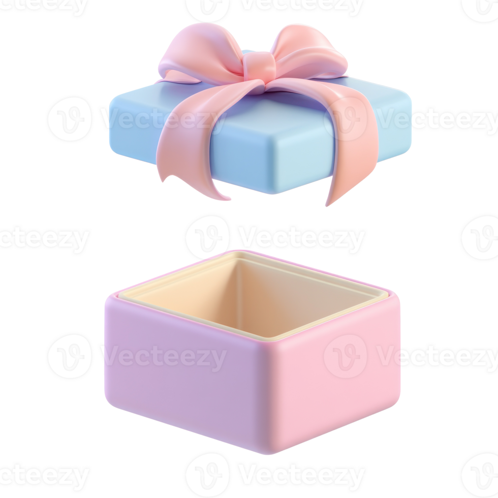 Open square gift box the lid with a bow levitates above 3D icon cartoon isolate png