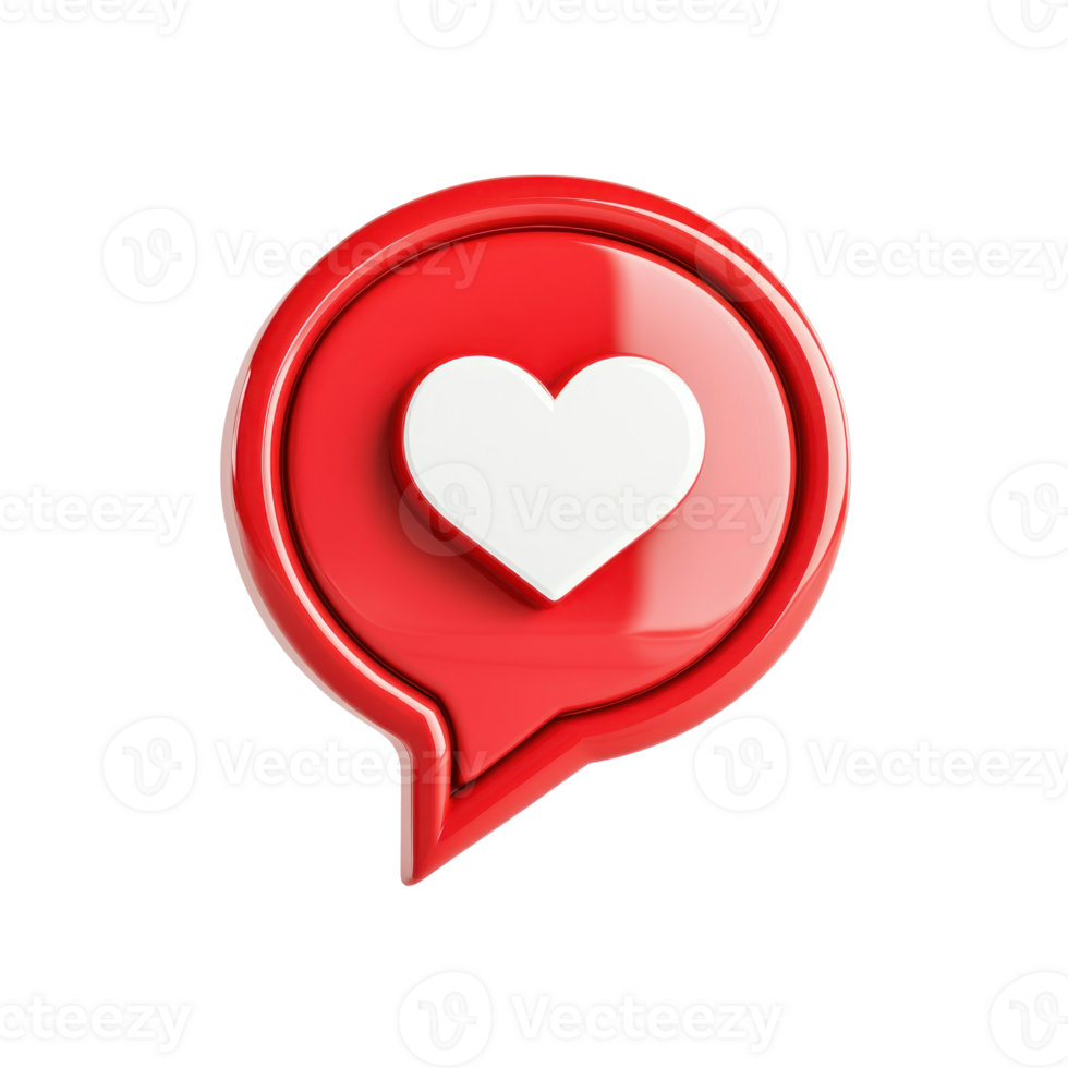 A red speech bubble with a white heart icon inside, and rounded corners, minimalist, design, rendered isolate png