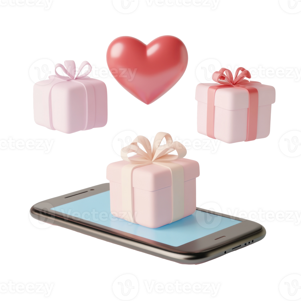 Three gift boxes floating around a symbol with a red heart speech bubble on top of a smartphone, white background png