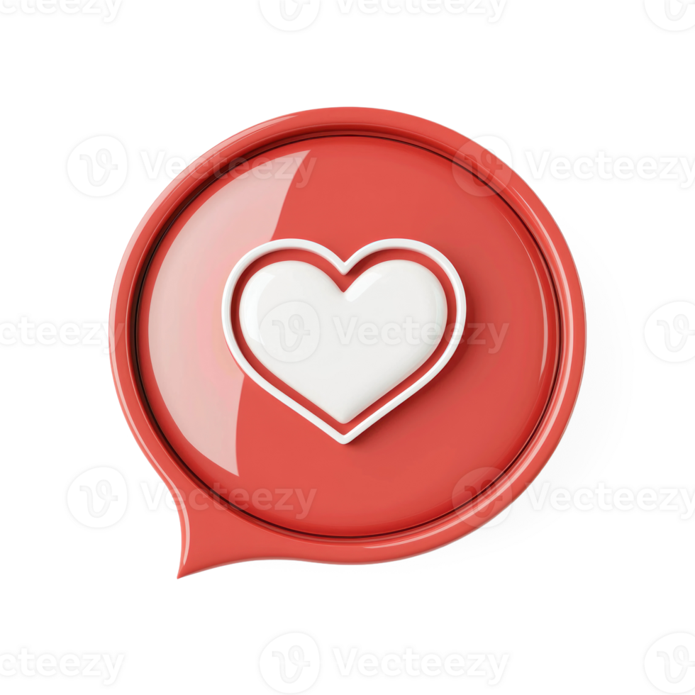 A red speech bubble with a white heart icon inside, and rounded corners, minimalist, design, rendered isolate png