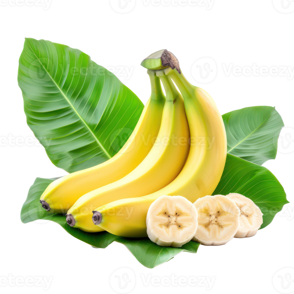 Fresh Banana with green leaves, clipping path isolate on transparency background png