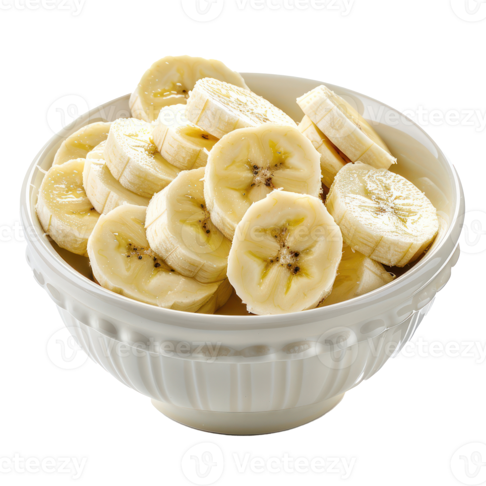 Sliced pieces of banana in bowl front view isolate on transparency background png
