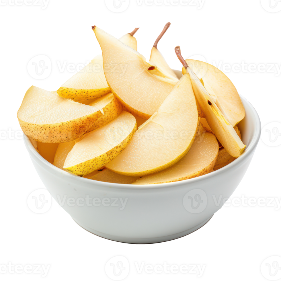 Sliced pieces of pear in bowl front view isolate on transparency background png