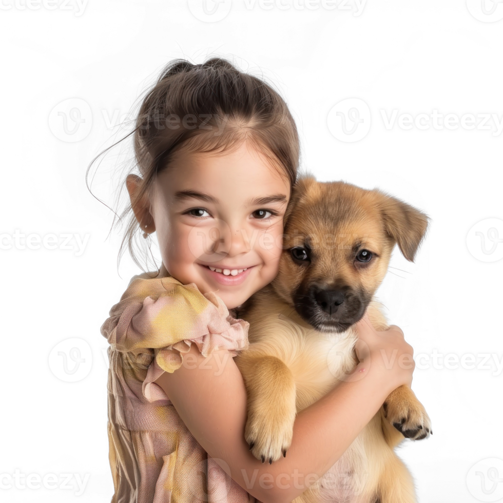Smiling Little girl holding a Dog full body isolate on transparency background, png