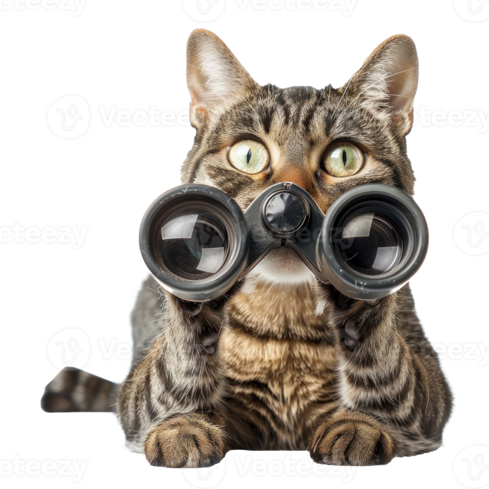 Cat holding Binoculars searching looking observing isolate on transparency background png