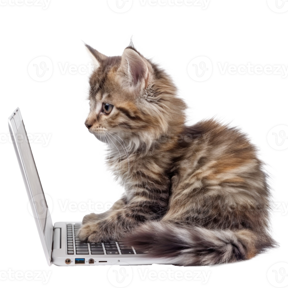 cat using laptop isolate on transparency background, png