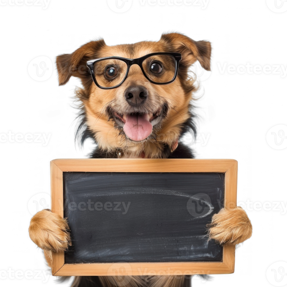 Dog wearing glasses holding chalkboard stannding full body isolate on transparency background png