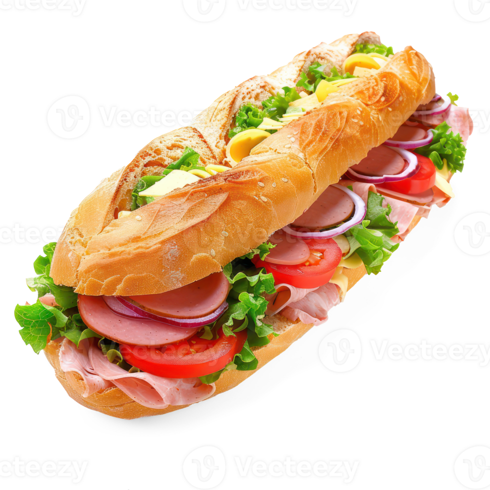 a sub sandwich with meat, lettuce and tomatoes png