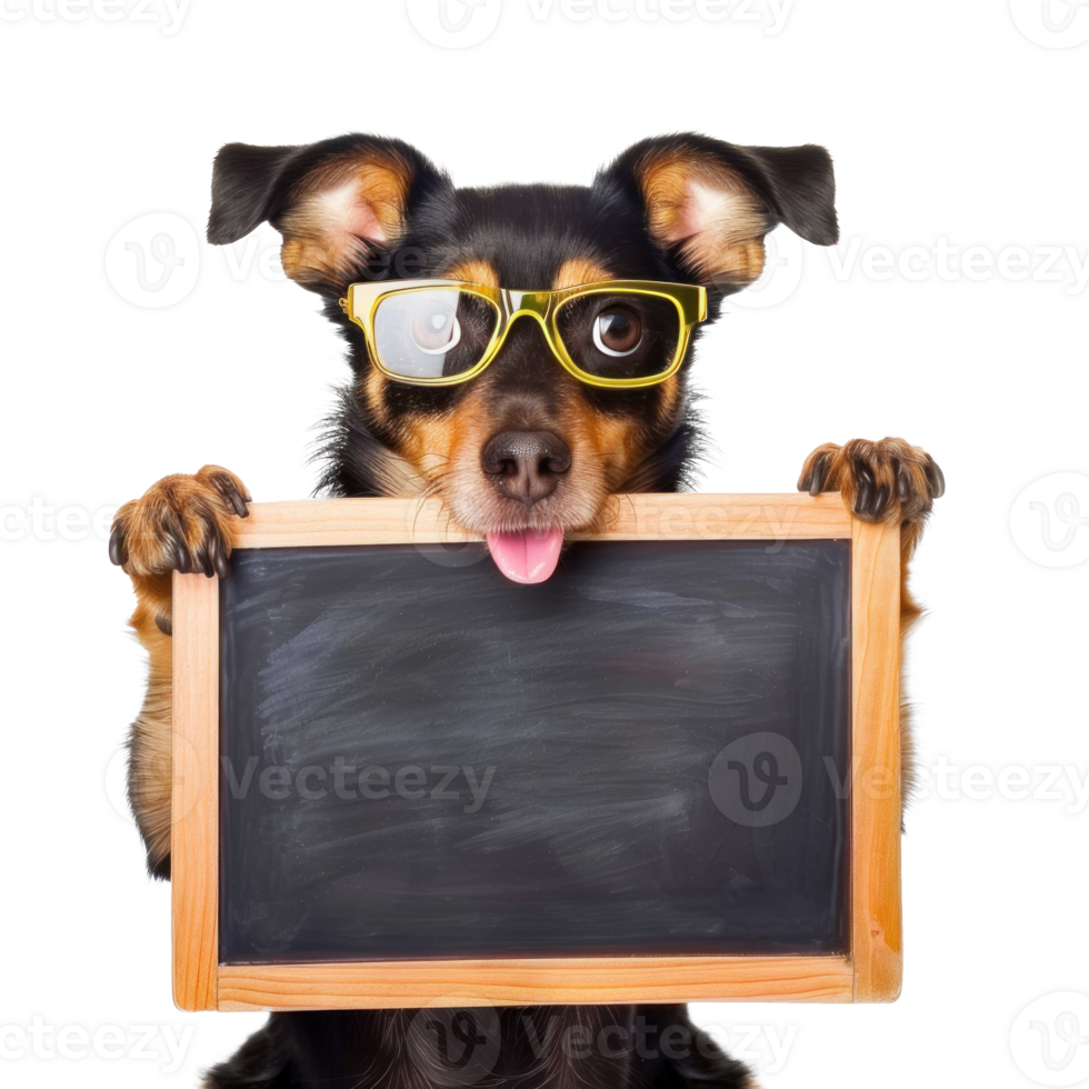 dog wearing glasses holding chalkboard isolate on transparency background, png