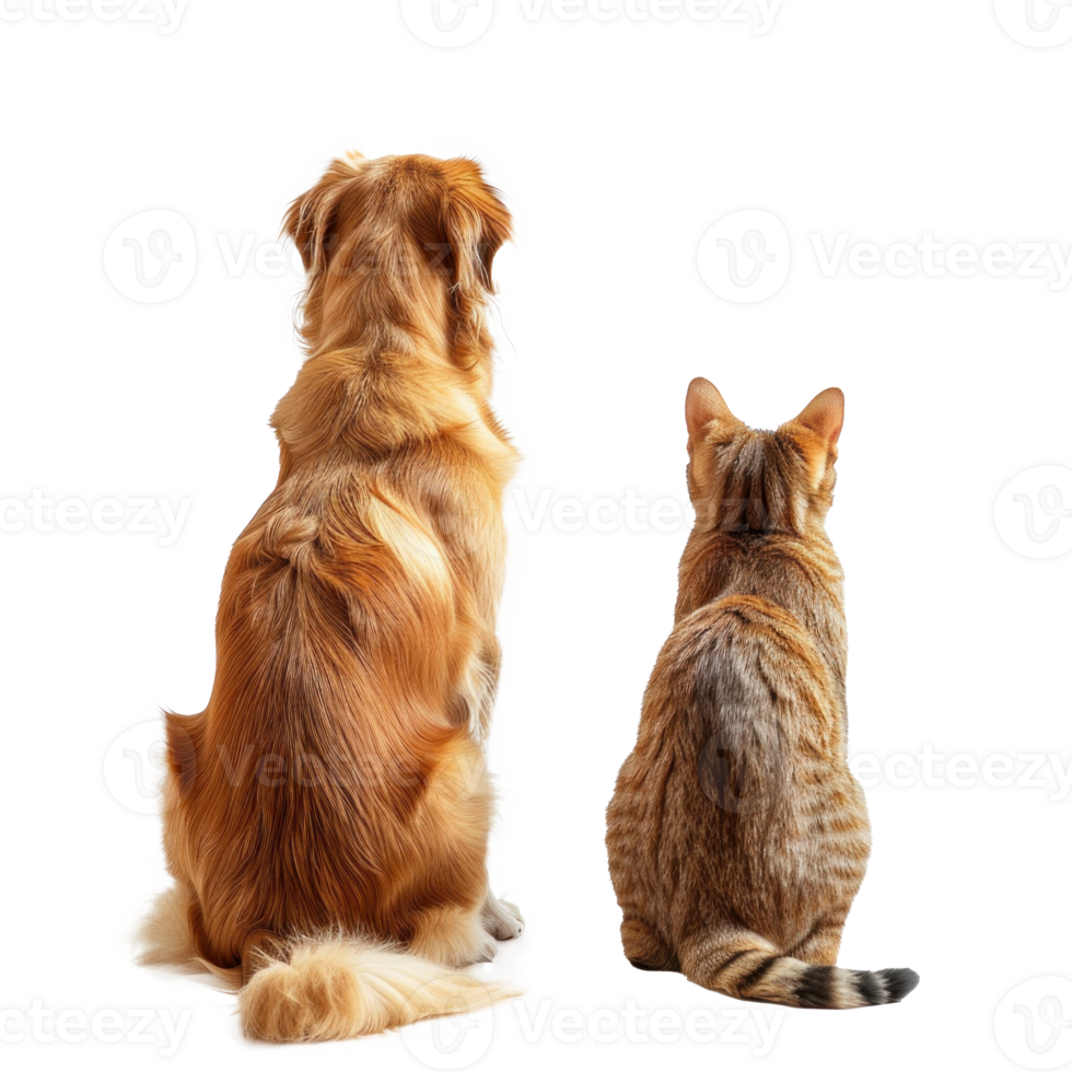 Back view of Dog and cat looking up the same direction, full body isolate on transparency background png