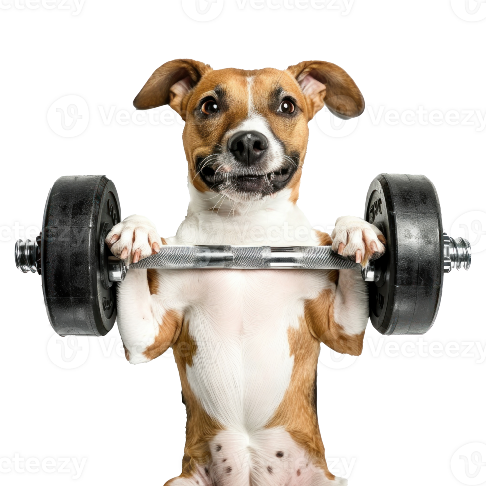 dog doing and exercising sport with Dumbbell bar, top view full body isolate on transparency background png