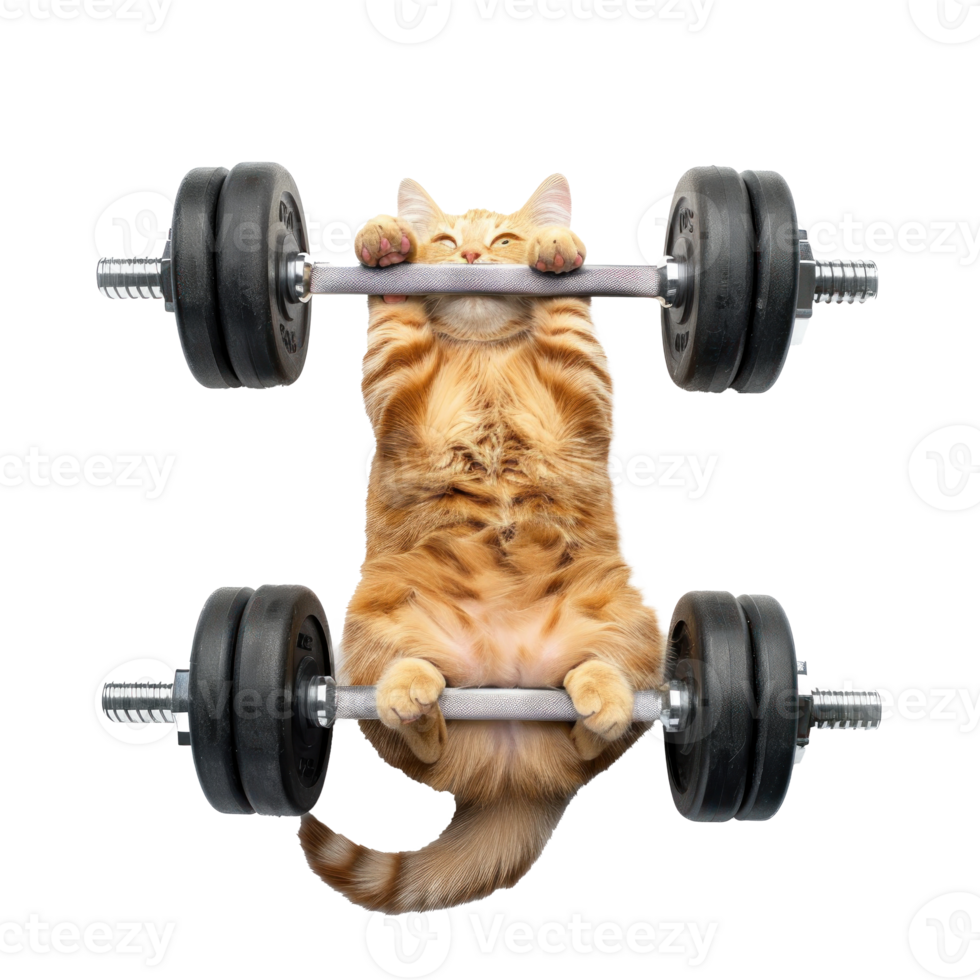 cat doing and exercising sport with Dumbbell bar, top view full body isolate on transparency background png