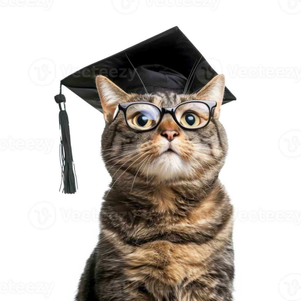 cat wearing glasses and graduate cap, full body standing isolate on transparency background, png